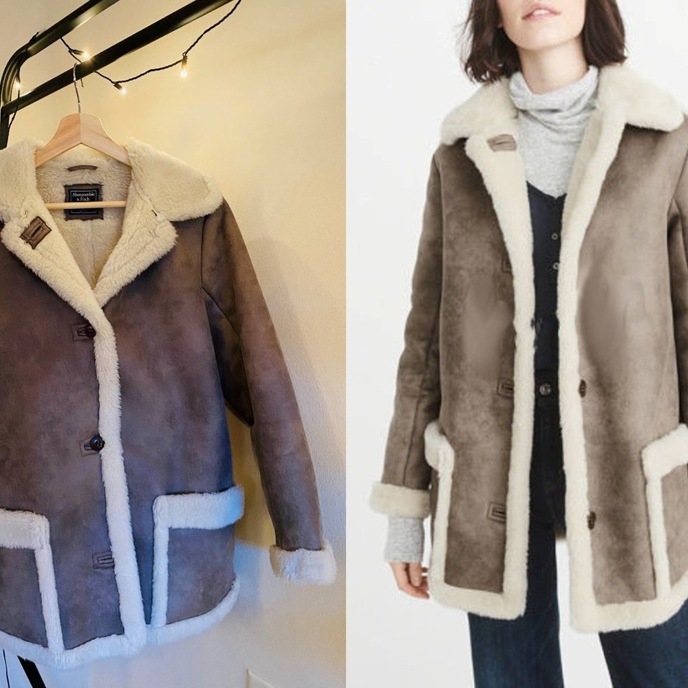 (US 6/M) Abercrombie Women's Faux Shearling Coat in Taupe, Lightly Worn